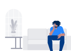 Animation: Man sitting on couch on a business call